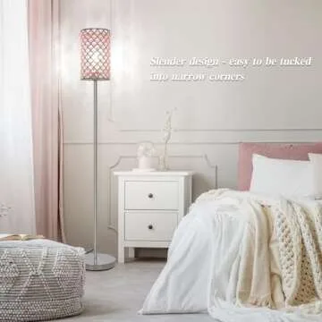 Crystal Floor Lamp for Bedroom, Silver Floor Lamp with Pink Shade, Girls Floor Lamp with On/Off Foot Switch, Elegant Standing Light Tall Pole Lamp for Living Room, Dresser, Office (E26 Base)