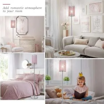 Crystal Floor Lamp for Bedroom, Silver Floor Lamp with Pink Shade, Girls Floor Lamp with On/Off Foot Switch, Elegant Standing Light Tall Pole Lamp for Living Room, Dresser, Office (E26 Base)