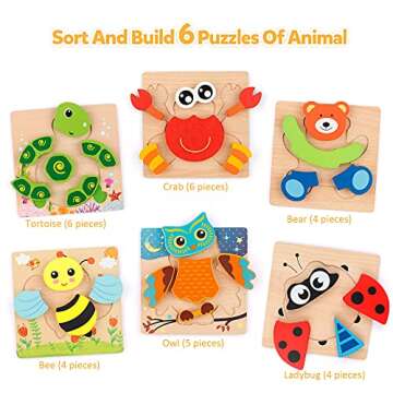 Coogam Wooden Jigsaw Puzzle Set, 6 Pack Animal Shape Color Montessori Toy, Fine Motor Skill Early Le...