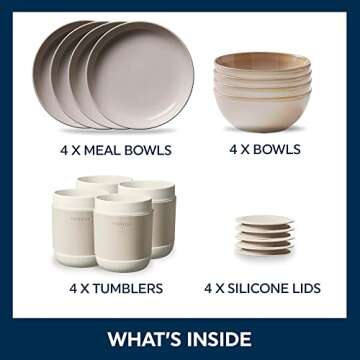 Corelle Stoneware 16-Pc Dinnerware Set, Handcrafted Artisanal Double Bead Plates, Meal Bowls, Bowls and Tumblers, Solid and Reactive Glazes, Dining Plate Set, Oatmeal