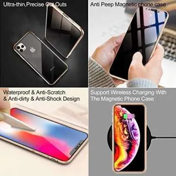 ACCREW Privacy Magnetic Case for iPhone 12/12 Pro, Anti Peep Magnetic Adsorption Privacy Screen Protector Double Sided Tempered Glass Metal Bumper Frame Anti Peeping Anti-Spy Phone Case Gold