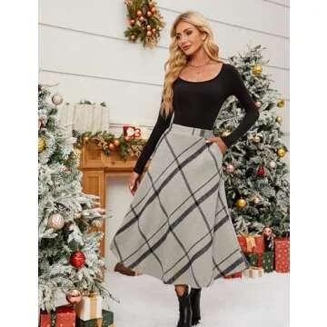 Tanming Women's Winter Warm Elastic Waist Wool Plaid A-Line Pleated Long Skirt (Gray-XS)