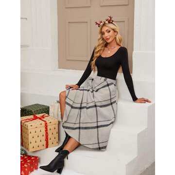 Tanming Women's Winter Warm Elastic Waist Wool Plaid A-Line Pleated Long Skirt (Gray-XS)