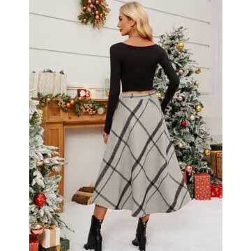 Tanming Women's Winter Warm Elastic Waist Wool Plaid A-Line Pleated Long Skirt (Gray-XS)