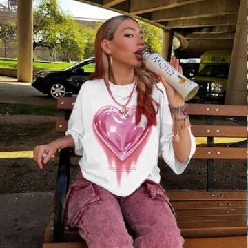 KIEKIECOO Oversized Graphic Tees for Women & Teens - Heart Shirt