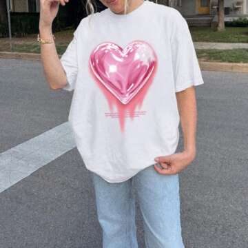 KIEKIECOO Oversized Graphic Tees for Women & Teens - Heart Shirt