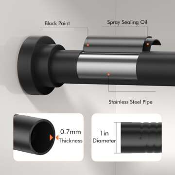 Shower Curtain Rod 31-80 in Adjustable Curtain Rod No Drilling Black Tension Shower Rod Stainless St...