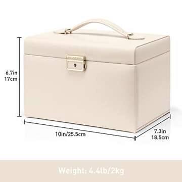 Vlando Velvet Jewelry Box for Women, Large Leather Jewelry Organizer Box with Locked, Mirrored, 3 Drawer for Necklace Ring Earring Organizer, Christmas Gift for Girl and Women - Apricot White