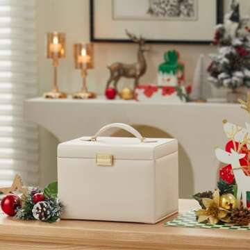 Vlando Velvet Jewelry Box for Women, Large Leather Jewelry Organizer Box with Locked, Mirrored, 3 Drawer for Necklace Ring Earring Organizer, Christmas Gift for Girl and Women - Apricot White