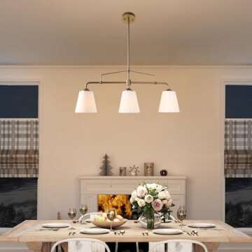 classy leaves Gold Chandeliers, Gold Linear Chandelier Light Fixture with White Fabric Shade, Modern 3 Light Island Light for Kitchen Dining Room Living Room