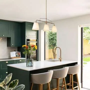 classy leaves Gold Chandeliers, Gold Linear Chandelier Light Fixture with White Fabric Shade, Modern 3 Light Island Light for Kitchen Dining Room Living Room