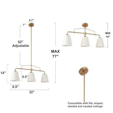 classy leaves Gold Chandeliers, Gold Linear Chandelier Light Fixture with White Fabric Shade, Modern 3 Light Island Light for Kitchen Dining Room Living Room