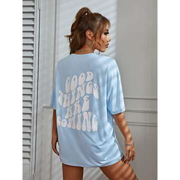 SOLY HUX Women's Graphic Tees Oversized T Shirts Basic Letter Print Short Sleeve Loose Fit Tops Blue L