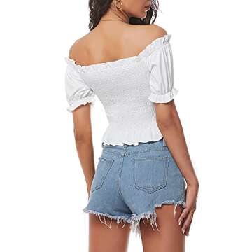 LYANER Women's Off Shoulder Shirred Short Sleeve Crop Blouse Tee Top White X-Large