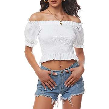 LYANER Women's Off Shoulder Shirred Short Sleeve Crop Blouse Tee Top White X-Large