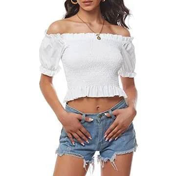LYANER Women's Off Shoulder Shirred Short Sleeve Crop Blouse Tee Top White X-Large