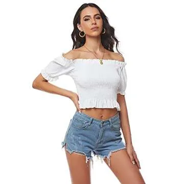 LYANER Women's Off Shoulder Shirred Short Sleeve Crop Blouse Tee Top White X-Large