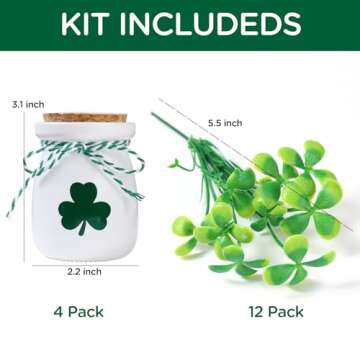 St Patricks Day Decorations-4pcs St.Patrick's Day Mini Jars with Artificial Shamrock-Mini Vases for St Patricks Day Home Kitchen Table Fireplace Mantel Decor