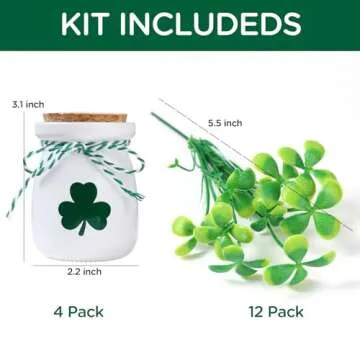 St Patricks Day Decorations-4pcs St.Patrick's Day Mini Jars with Artificial Shamrock-Mini Vases for St Patricks Day Home Kitchen Table Fireplace Mantel Decor