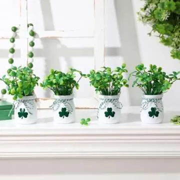 St Patricks Day Decorations-4pcs St.Patrick's Day Mini Jars with Artificial Shamrock-Mini Vases for St Patricks Day Home Kitchen Table Fireplace Mantel Decor