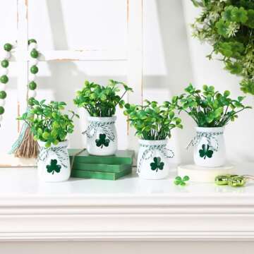 St Patricks Day Decorations-4pcs St.Patrick's Day Mini Jars with Artificial Shamrock-Mini Vases for St Patricks Day Home Kitchen Table Fireplace Mantel Decor