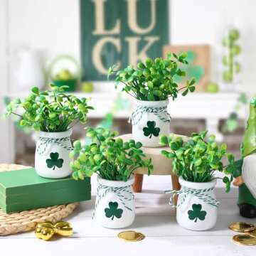 St Patricks Day Decorations-4pcs St.Patrick's Day Mini Jars with Artificial Shamrock-Mini Vases for St Patricks Day Home Kitchen Table Fireplace Mantel Decor