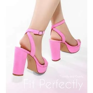 Ankis Platform Heels for Women 4 Inches Chunky Heels Sandals for Women Comfy Open Toe Block Heeled Sandals Nude White Silver Gold Black Ankle Strappy Heels for Women,Pink suede,Size 8.5