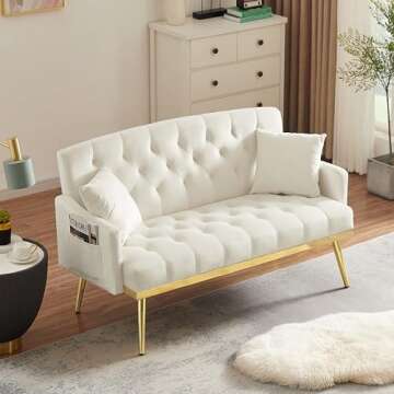 hansones 55-Inch Modern Velvet Loveseat Sofa with Gold Metal Legs & Side Pockets, Tufted Backrest, Perfect for Living Room, Bedroom, or Office (Beige)