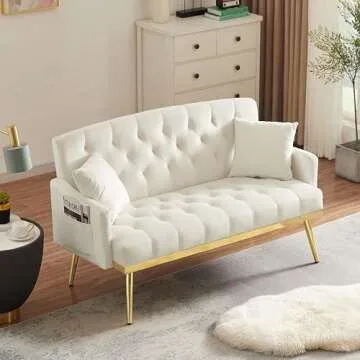 hansones 55-Inch Modern Velvet Loveseat Sofa with Gold Metal Legs & Side Pockets, Tufted Backrest, Perfect for Living Room, Bedroom, or Office (Beige)
