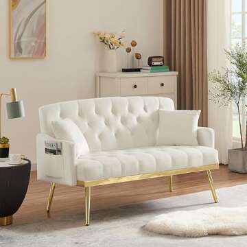 hansones 55-Inch Modern Velvet Loveseat Sofa with Gold Metal Legs & Side Pockets, Tufted Backrest, Perfect for Living Room, Bedroom, or Office (Beige)