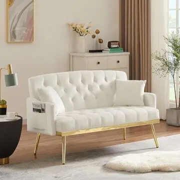 hansones 55-Inch Modern Velvet Loveseat Sofa with Gold Metal Legs & Side Pockets, Tufted Backrest, Perfect for Living Room, Bedroom, or Office (Beige)