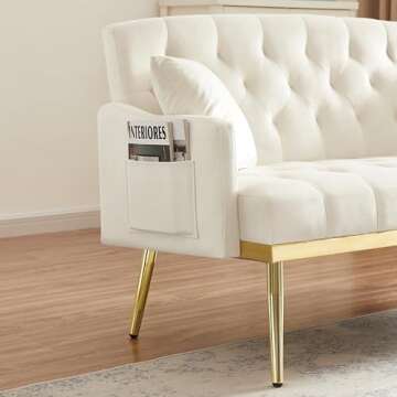 hansones 55-Inch Modern Velvet Loveseat Sofa with Gold Metal Legs & Side Pockets, Tufted Backrest, Perfect for Living Room, Bedroom, or Office (Beige)