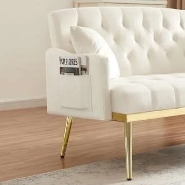 hansones 55-Inch Modern Velvet Loveseat Sofa with Gold Metal Legs & Side Pockets, Tufted Backrest, Perfect for Living Room, Bedroom, or Office (Beige)