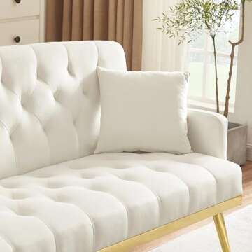 hansones 55-Inch Modern Velvet Loveseat Sofa with Gold Metal Legs & Side Pockets, Tufted Backrest, Perfect for Living Room, Bedroom, or Office (Beige)