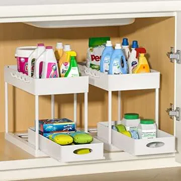 PUILUO 2 Set Under Sink Cabinet Organizer, 2 Tier Storage Under Cabinet Bathroom Under Sink Organizers and Storage Black Under Sink Storage for Bathroom Kitchen