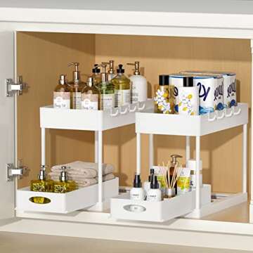 PUILUO 2 Set Under Sink Cabinet Organizer, 2 Tier Storage Under Cabinet Bathroom Under Sink Organizers and Storage Black Under Sink Storage for Bathroom Kitchen