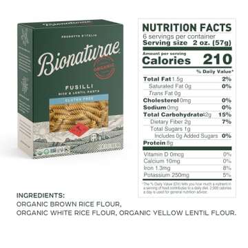 Bionaturae Fusilli Pasta Noodles - Gluten Free Pasta Organic, Rice & Lentil Pasta, Kosher Certified, High Protein, Non-GMO, Fusilli Pasta Organic, Crafted in Italy - 12 Oz, 4 Pack