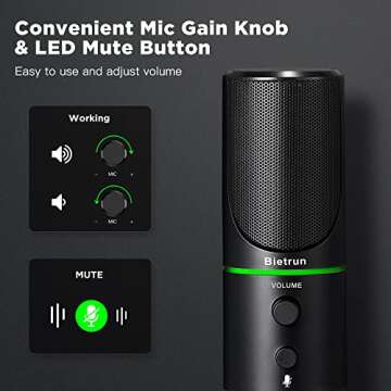 Bietrun USB Microphone, Computer Condenser Gaming Mic for Desktop/Laptop/PS4/5, Headphone Jack, Volume Control, Plug & Play, for Podcast, Streaming, Studio Recording