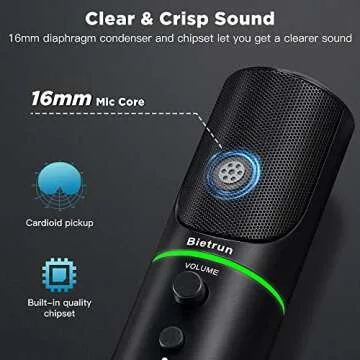 Bietrun USB Microphone, Computer Condenser Gaming Mic for Desktop/Laptop/PS4/5, Headphone Jack, Volume Control, Plug & Play, for Podcast, Streaming, Studio Recording