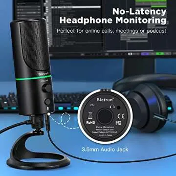 Bietrun USB Microphone, Computer Condenser Gaming Mic for Desktop/Laptop/PS4/5, Headphone Jack, Volume Control, Plug & Play, for Podcast, Streaming, Studio Recording