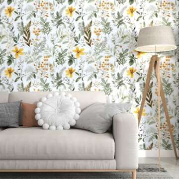 Wallpaper Peel and Stick Green Leaves, Vintage Floral Leaf Contact Paper,Yellow Flower Wall Paper Self Adhesive Removable Waterproof for Room Bedroom Walls Shelves Cabinet Table Decor 17.5" x 393.7"