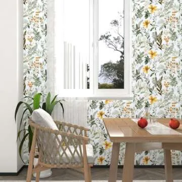 Wallpaper Peel and Stick Green Leaves, Vintage Floral Leaf Contact Paper,Yellow Flower Wall Paper Self Adhesive Removable Waterproof for Room Bedroom Walls Shelves Cabinet Table Decor 17.5" x 393.7"