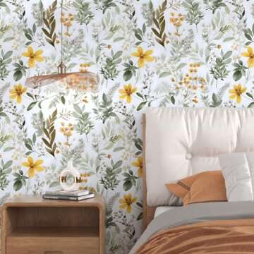 Wallpaper Peel and Stick Green Leaves, Vintage Floral Leaf Contact Paper,Yellow Flower Wall Paper Self Adhesive Removable Waterproof for Room Bedroom Walls Shelves Cabinet Table Decor 17.5" x 393.7"