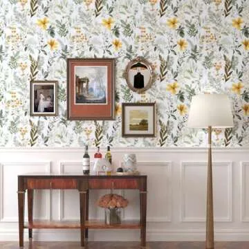 Wallpaper Peel and Stick Green Leaves, Vintage Floral Leaf Contact Paper,Yellow Flower Wall Paper Self Adhesive Removable Waterproof for Room Bedroom Walls Shelves Cabinet Table Decor 17.5" x 393.7"