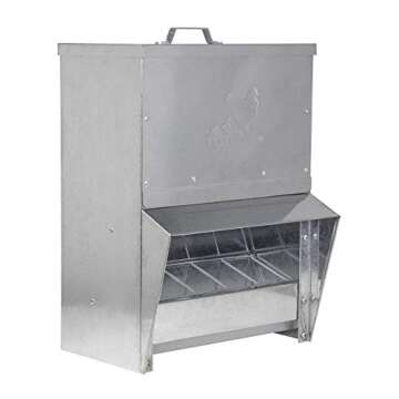 RentACoop Galvanized Chicken Trough Feeder, Weatherproof Poultry Food Dispenser with Lid 25LB Capaci...