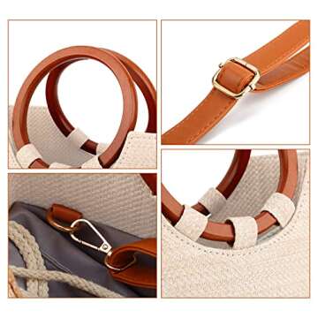 Straw Crossbody Bags for Women Beach Purse Woven Tote Shoulder Handbag Summer Vacation Wooden Top Handle Boho Fashion Rattan Bag Beige