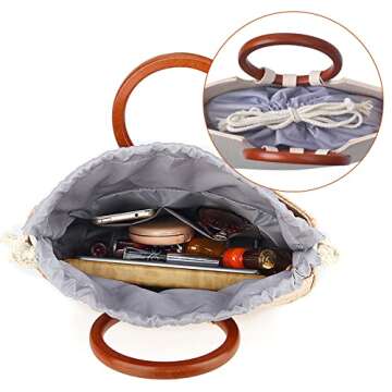 Straw Crossbody Bags for Women Beach Purse Woven Tote Shoulder Handbag Summer Vacation Wooden Top Handle Boho Fashion Rattan Bag Beige