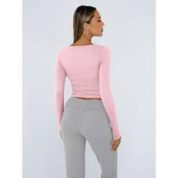Trendy Queen Womens Long Sleeve Shirts Crop Tops Square Neck Going Out Basics Tees Y2K Winter Clothes 2025 Pink S