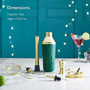 VonShef Green & Gold Cocktail Shaker Set in Gift Box with 16oz Shaker, Muddler, Bar Spoon, Jigger, Hawthorne Strainer, Julep Strainer, Bottle Pourer and Recipe Book