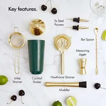 VonShef Green & Gold Cocktail Shaker Set in Gift Box with 16oz Shaker, Muddler, Bar Spoon, Jigger, Hawthorne Strainer, Julep Strainer, Bottle Pourer and Recipe Book